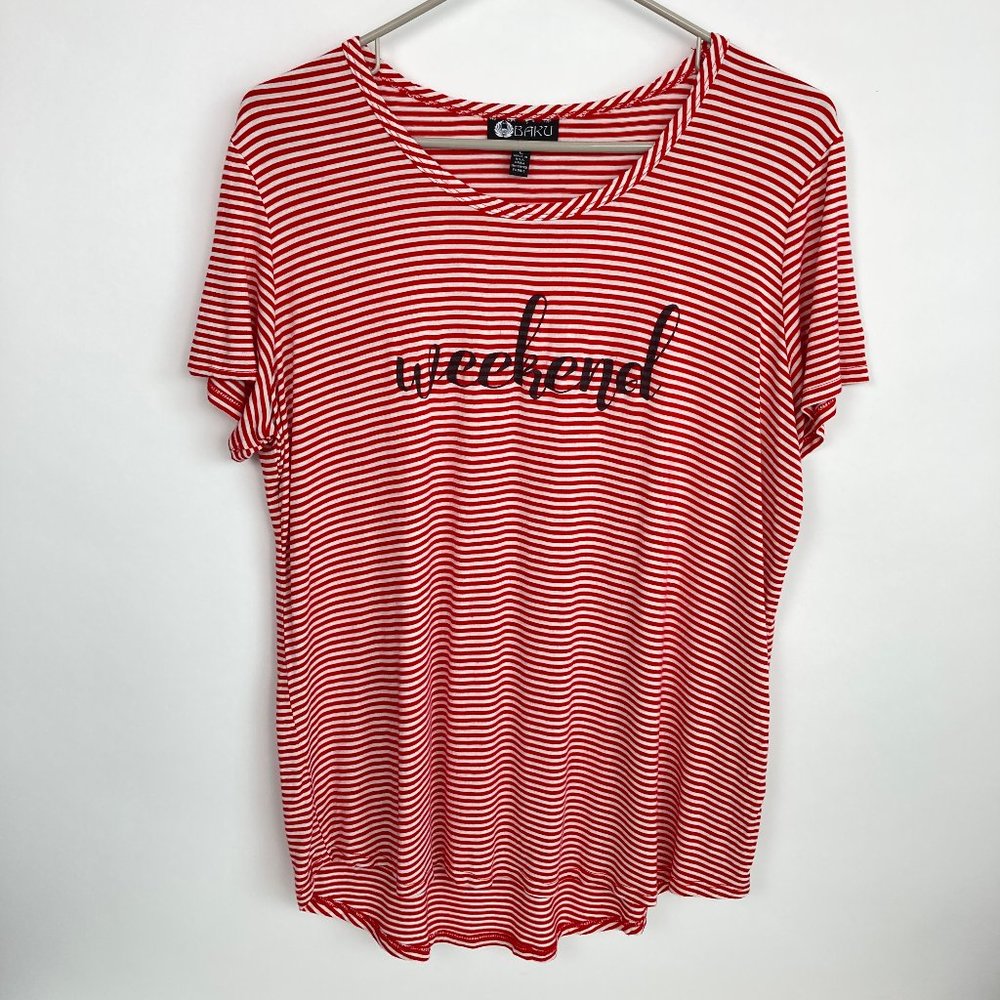 Baku Red White Stiped Weekend Tee Shirt L